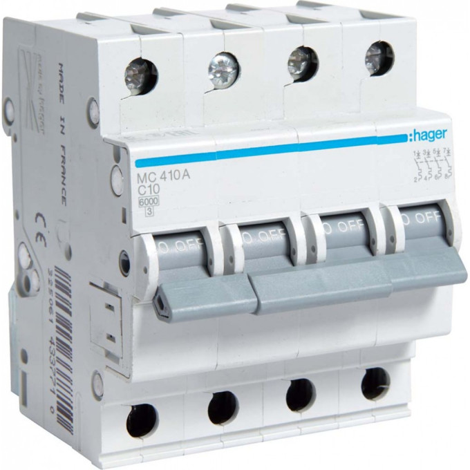 Автоматический выключатель HAGER 4P 6kA C-10A 4M MC410A